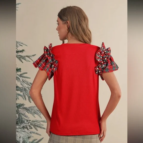 Stylish Red Plaid Ruffle Sleeve Women's Blouse - Picture 2 of 3